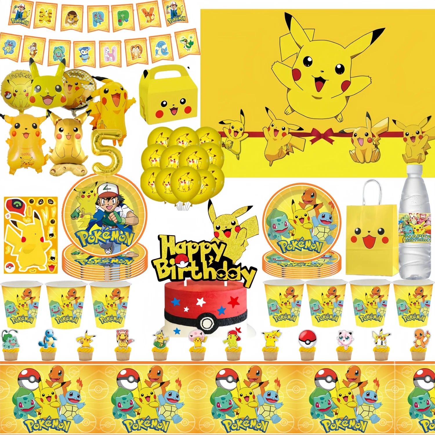 Pikachu Birthday Party Decorations Set - Pokemon Party Supplies with DIY Stickers, Plates, Tablecloth & Favors
