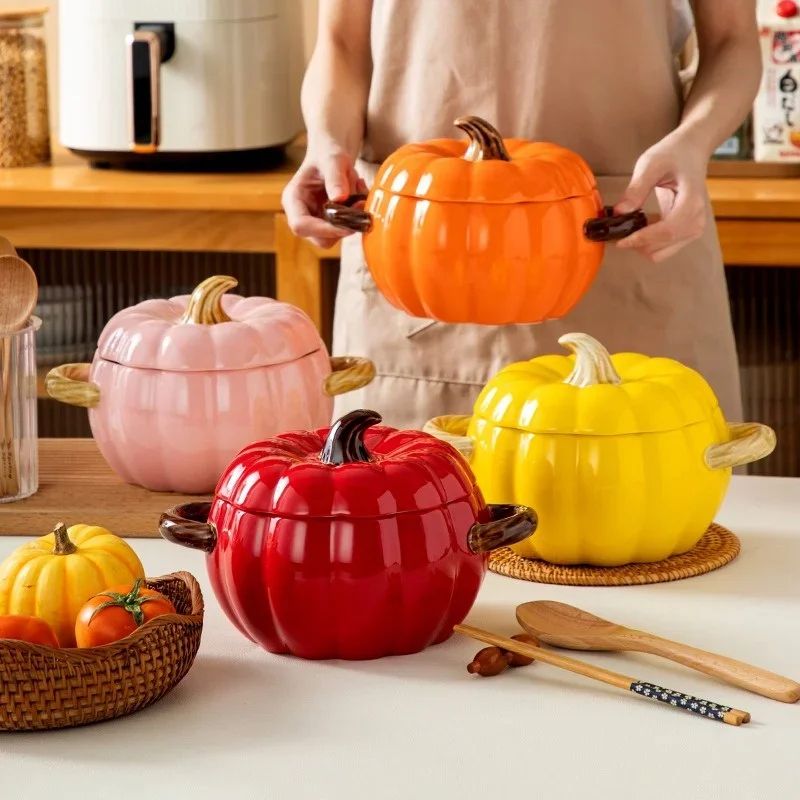 Ceramic Pumpkin Soup Pot with Lid – Creative Halloween Soup & Noodle Bowl
