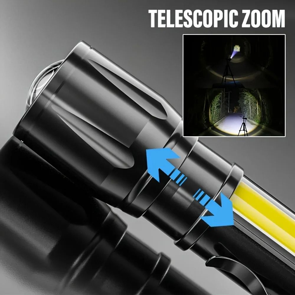 USB Rechargeable Mini COB and XPE LED Flashlight with Zoom and Pen Clip