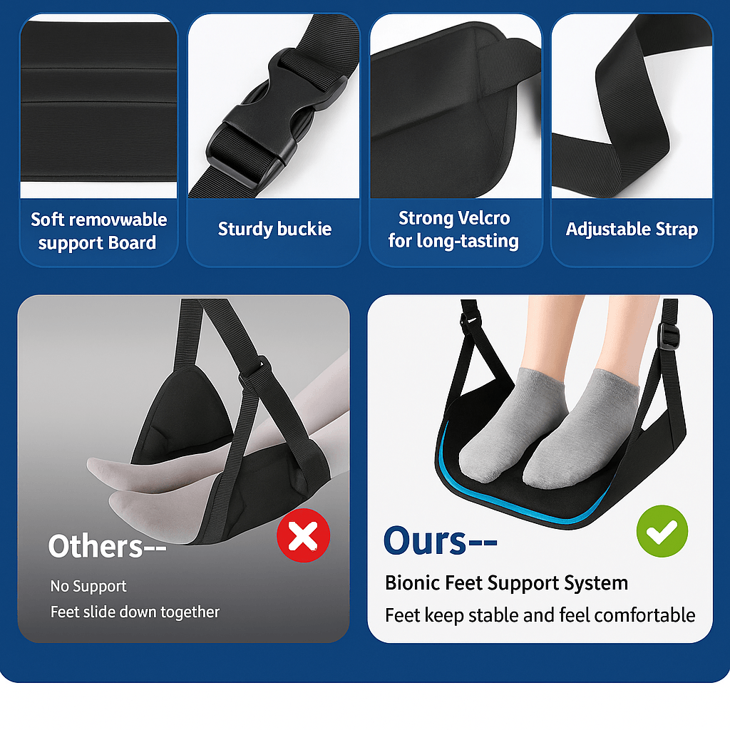 Adjustable Airplane Foot Hammock with Memory Foam Removable Pad for Travel Comfort