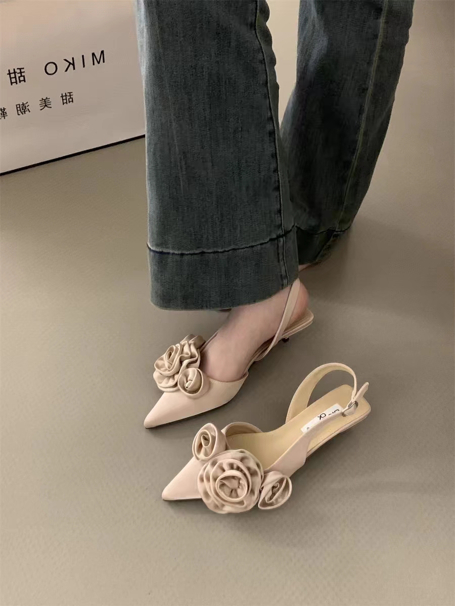 Women Sandal, Fashion Flower Slingback Dress Shoes, Thin Low Heel Mules Pumps