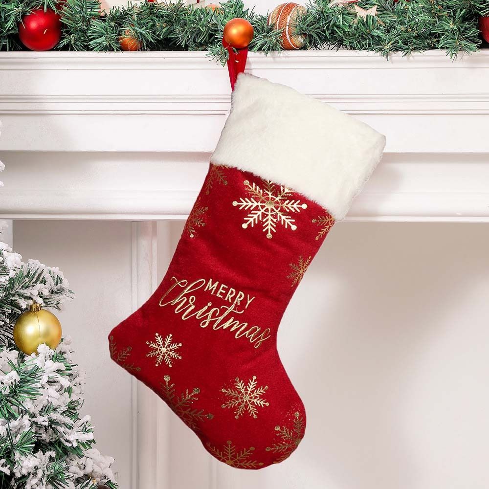 Snowflake Pattern Christmas Stocking, Embroidered Personalized Christmas Sock, Red Green Navidad, Large Gift Bag