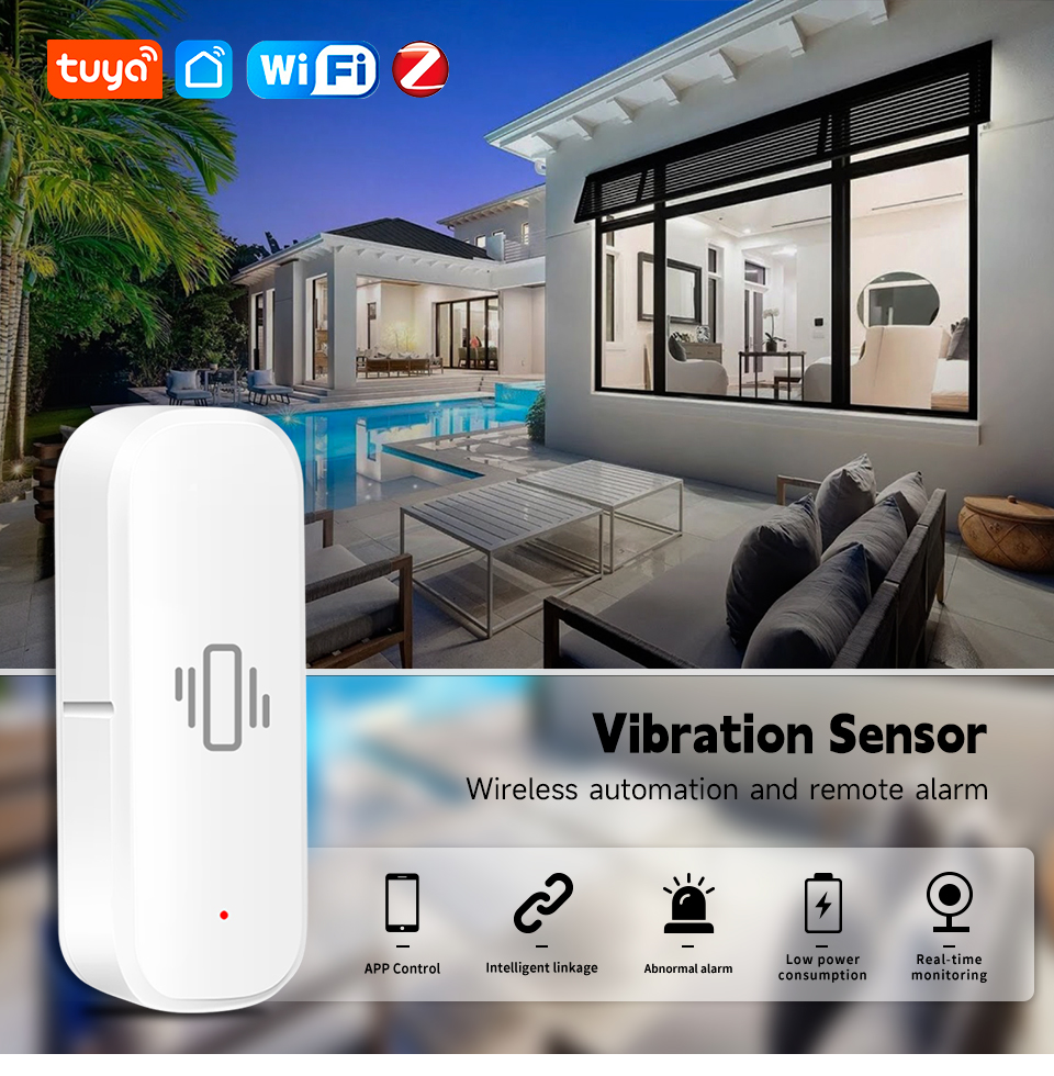 WiFi Tuya Smart Life Vibration Sensor, Motion Shock Alarm with App Control Security Monitor for Home and Door Window