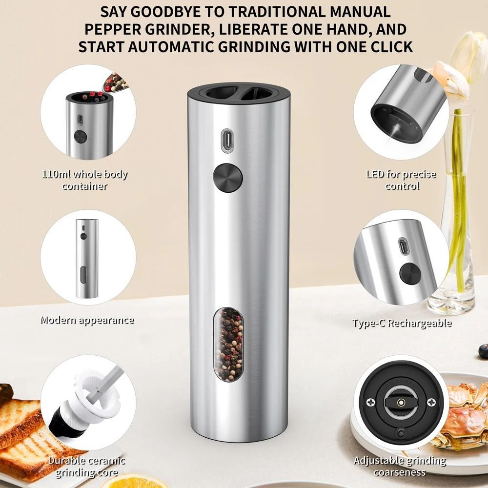 Stainless Steel Electric Pepper Grinder | USB Rechargeable Automatic Mill Set