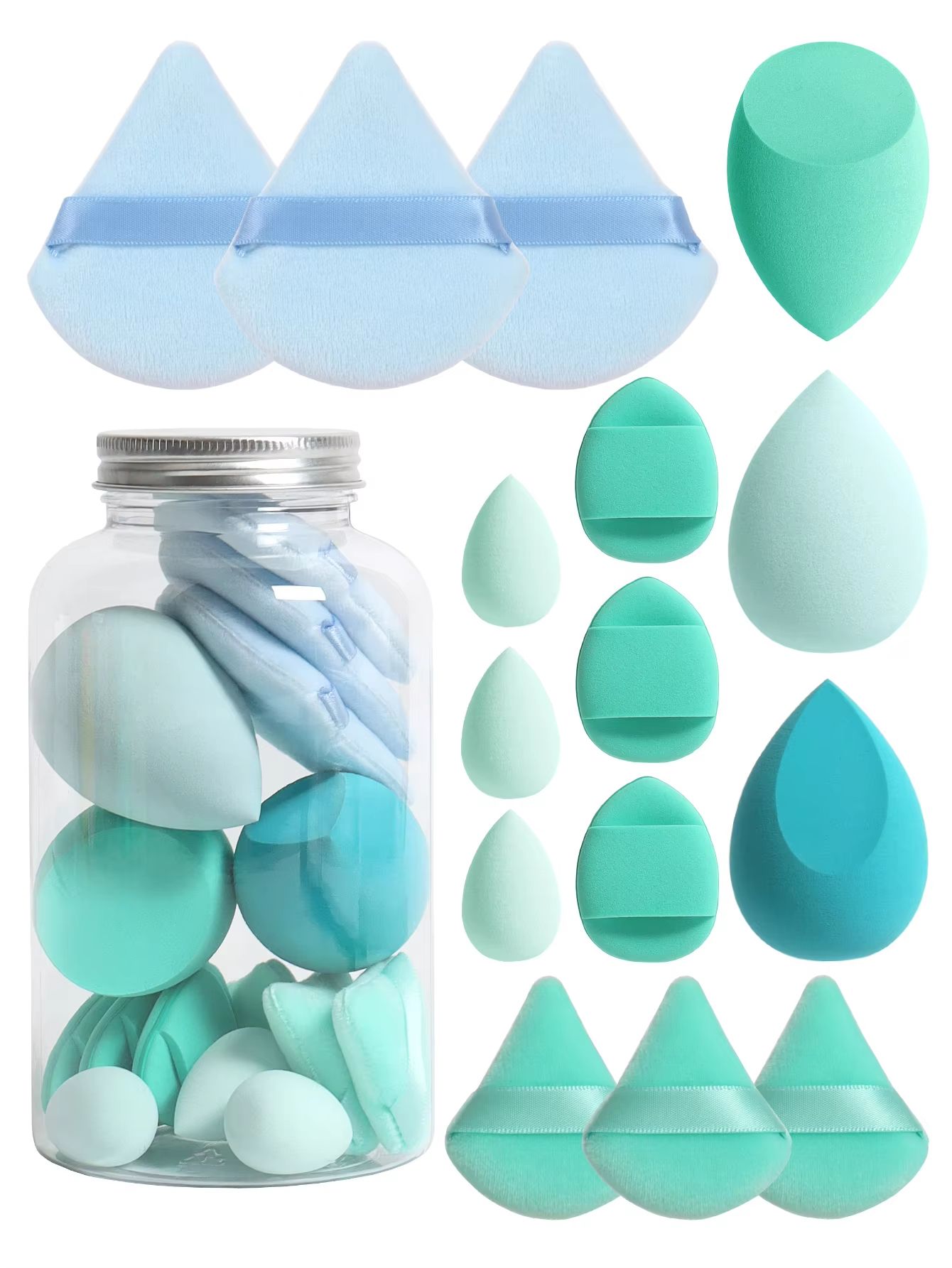 15 Piece Makeup Puff Set with Loose Powder Puffs, Mini Makeup Sponges, and Air Cushion Puffs in Travel Cans
