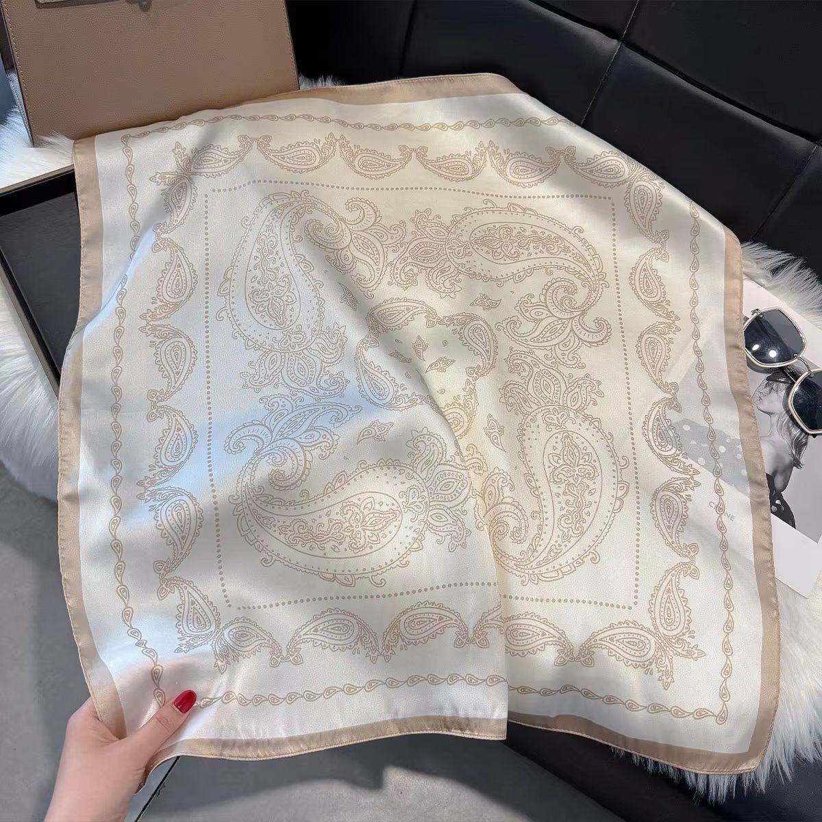 Women's Silk Paisley Print Square Scarf – 27.56x27.56in Luxury Fashion Shawl, Decorative Neck & Headband Bandana