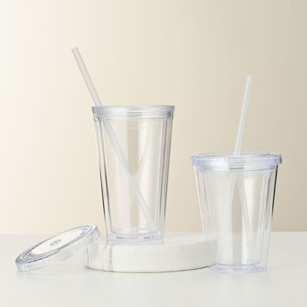 Plastic Clear Tumbler Smoothie Cup with Lid and Straw Transparent Double-Layer Iced Coffee Water Bottle Milk