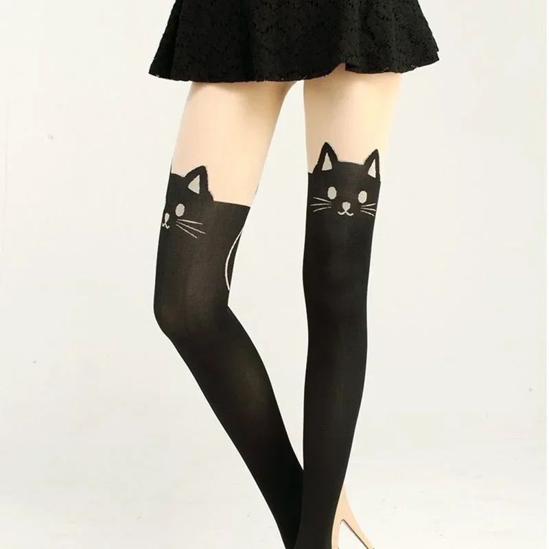 Women Cute Black Cat Printed Knee High Socks Warm, Soft, Over the Knee Romantic Cat Themed Socks
