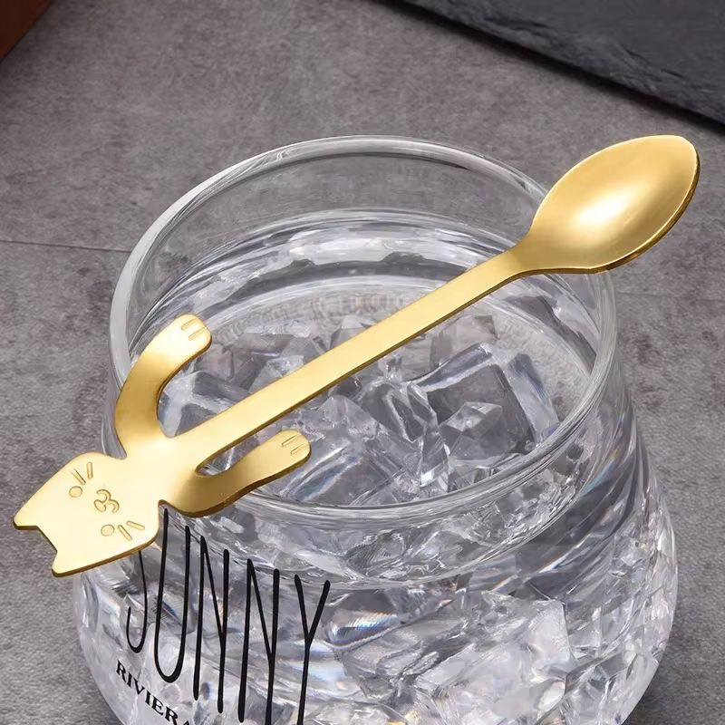Creative 304 Stainless Steel Cat Coffee Spoon Hanging Edge Cute Stirring Spoon Set Gold Plated Teaspoon