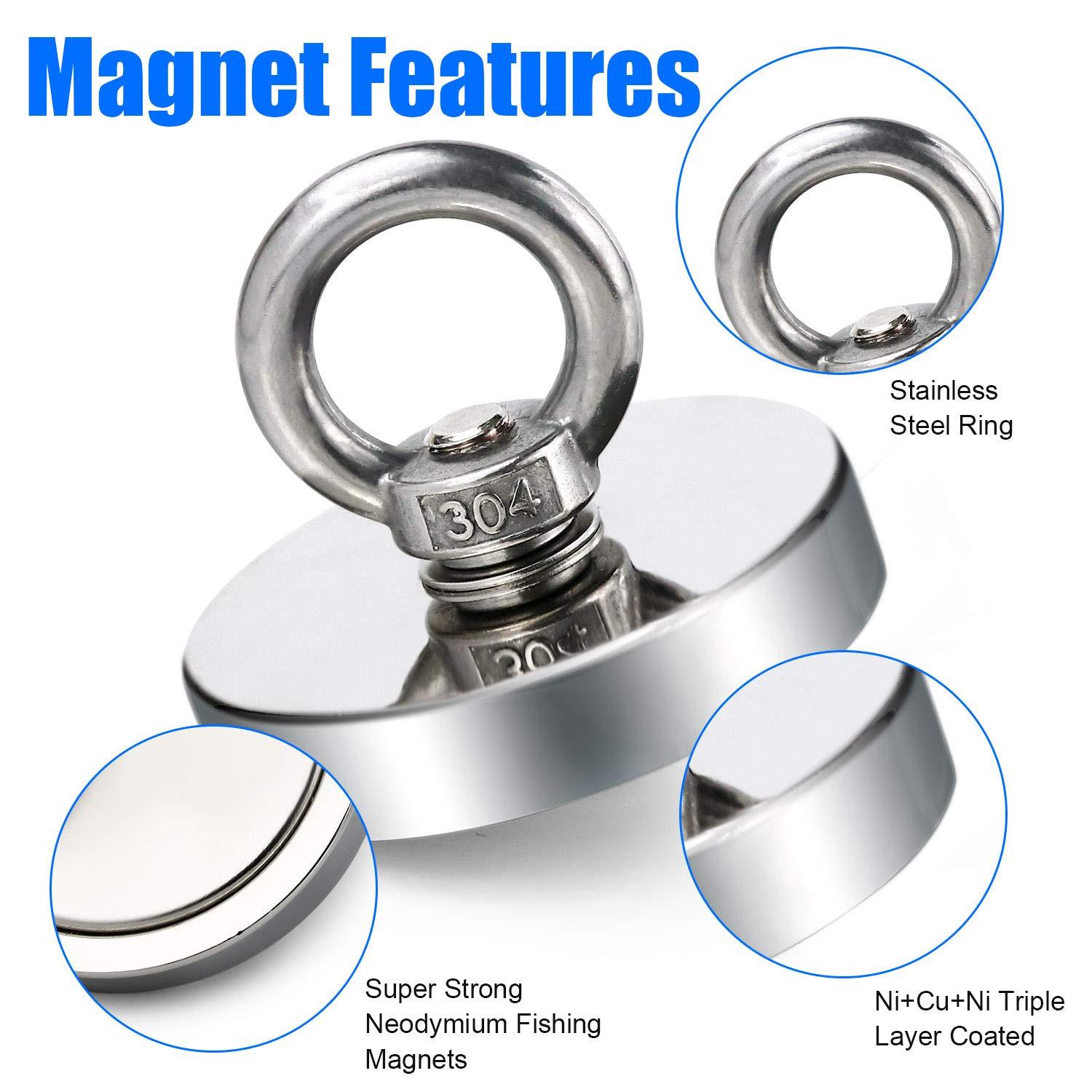 Super Strong Neodymium Fishing Magnets, Heavy Duty Magnet with Countersunk Hole, Eye Bolt for Salvage, Magnetic Fishing