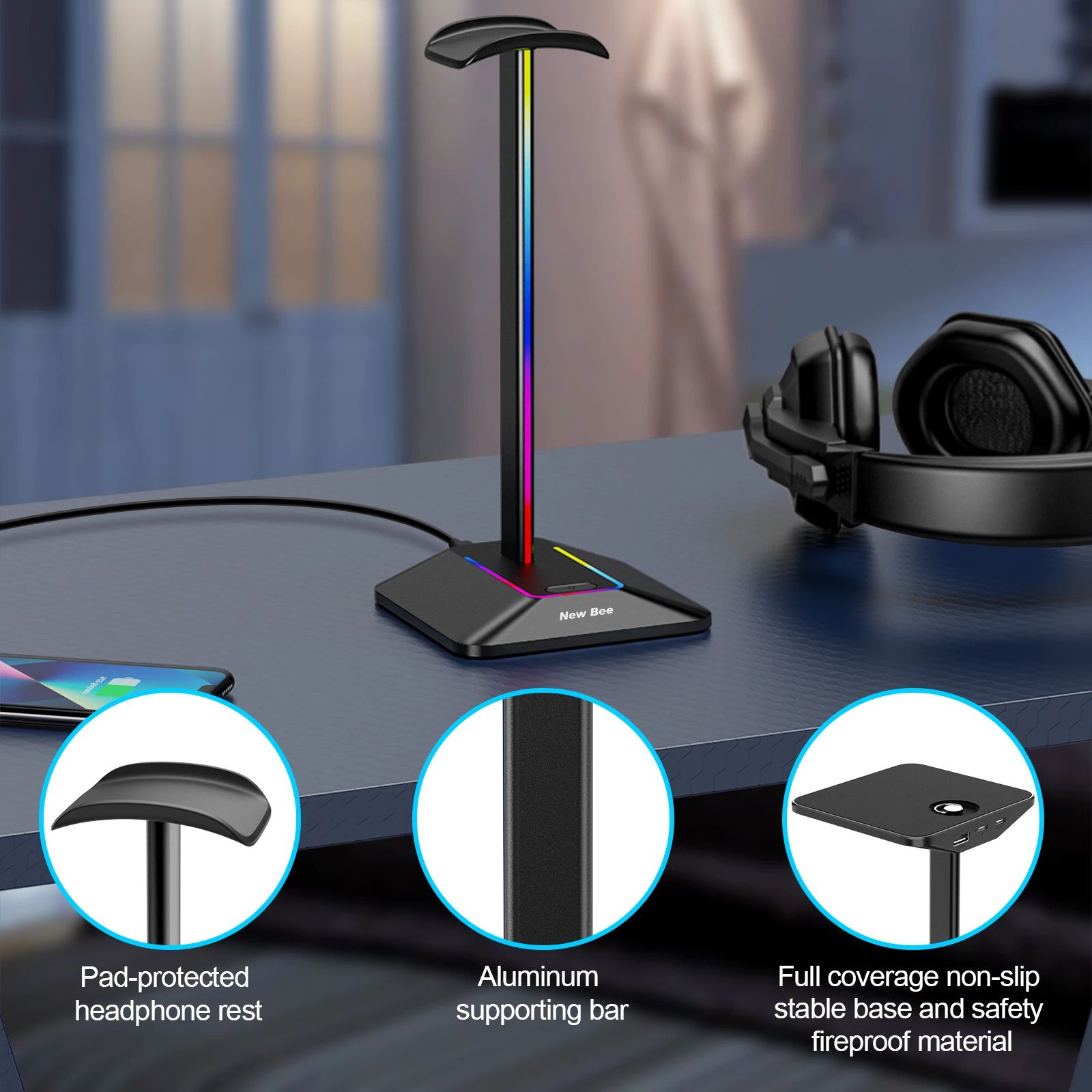 RGB Gaming Headphone Stand with USB