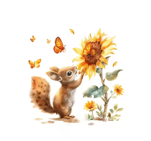 Rustic Watercolor Squirrel Wall Decal – Sunflower Animal Window Sticker for Glass Decor