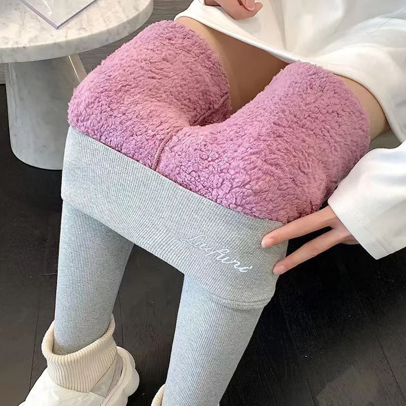 Fleece-Lined Letter Print Leggings – High-Waisted Thermal Winter Trousers