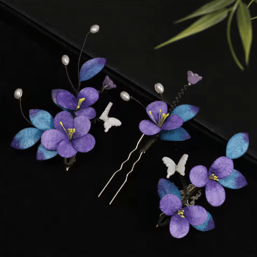 Purple Faux Velvet Hairpin Ancient Style Handmade Filigree Hair Accessory for Hanfu and Cosplay 1 to 3 PCS