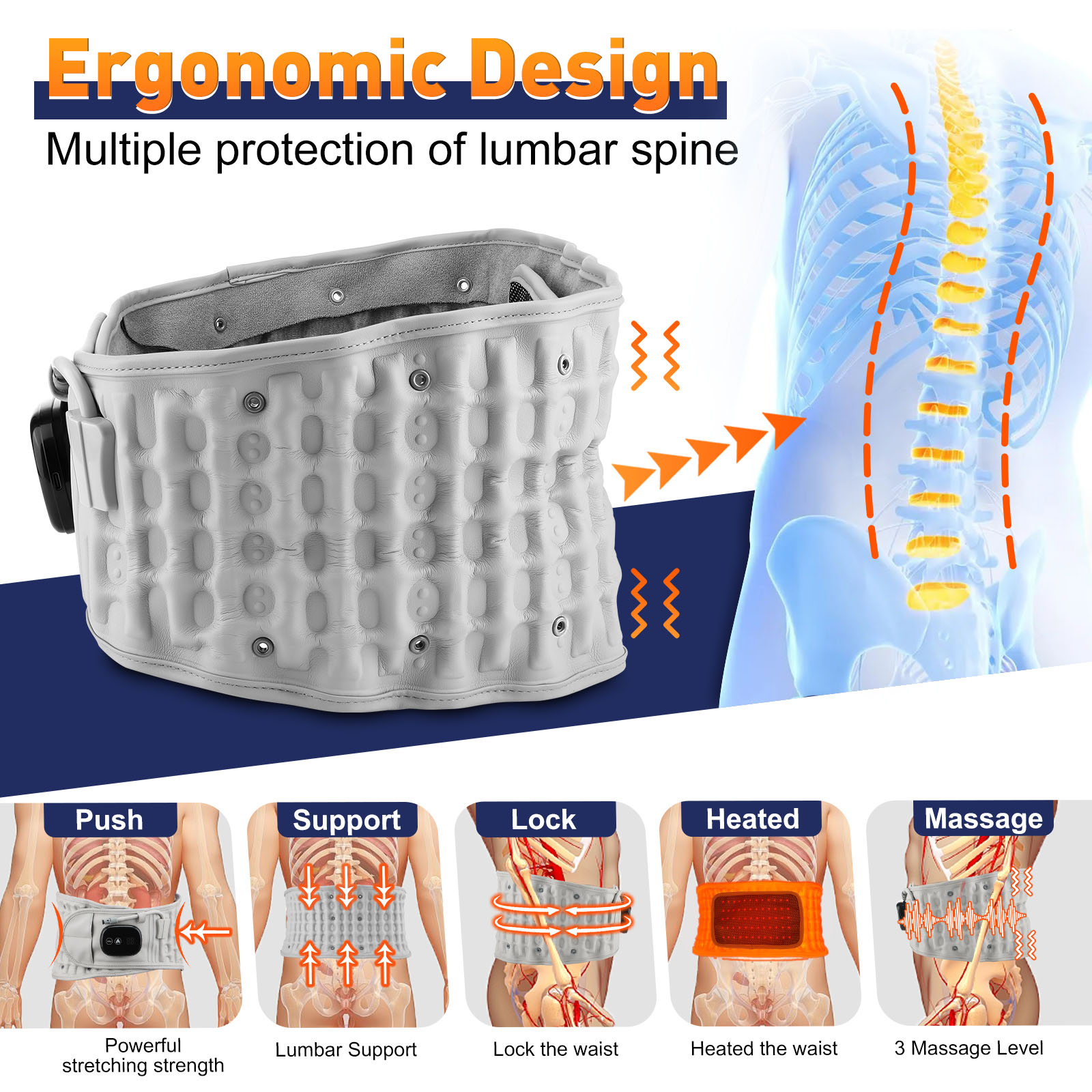 Rechargeable Inflatable Waist Belt for Lumbar Support, Heating, Vibration Massage & Decompression