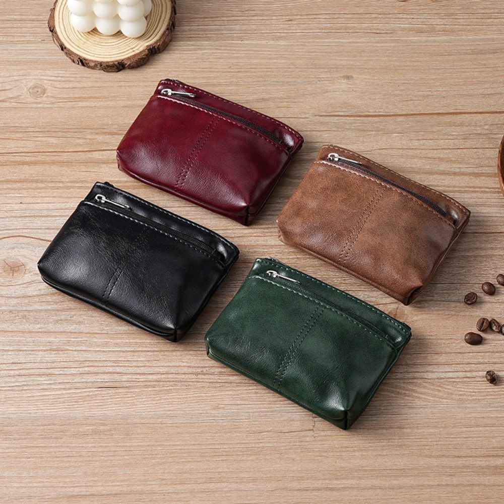 Vintage PU Leather Men Zero Wallet, Natural Cowhide Zipper Key Bag, Women's Bank Card Bag, Fashion Mini Coin Card Holder
