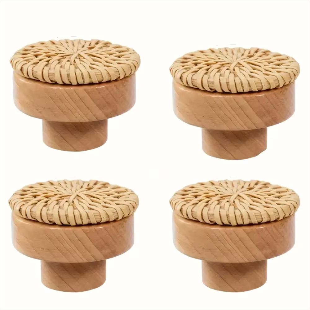 12-Pack Bohemian Rattan Drawer Knobs – Round Wooden Wicker-Weave Cabinet Knobs with Screws