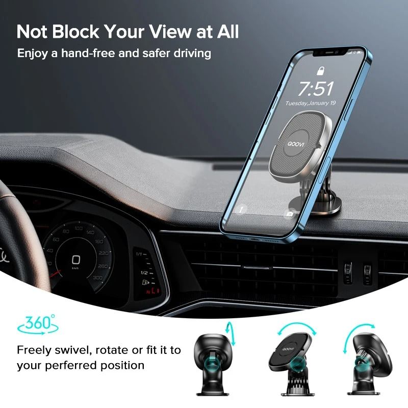 QOOVI Magnetic Car Phone Holder | 360° Rotating Air Vent Mount & GPS Support for iPhone, Xiaomi, and Samsung