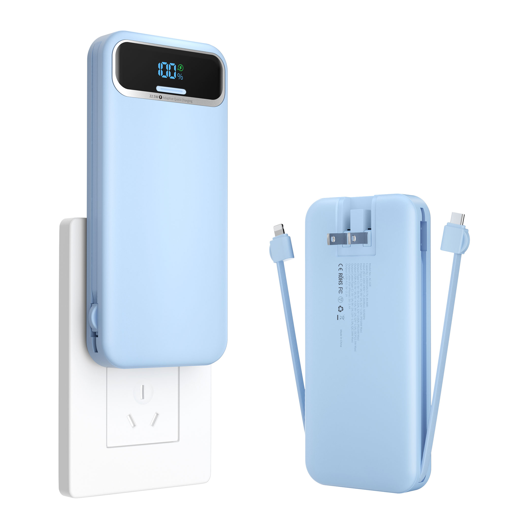 Ultra Thin 12000mAh Portable Power Bank with Built-in Cables and 20W Fast Charging