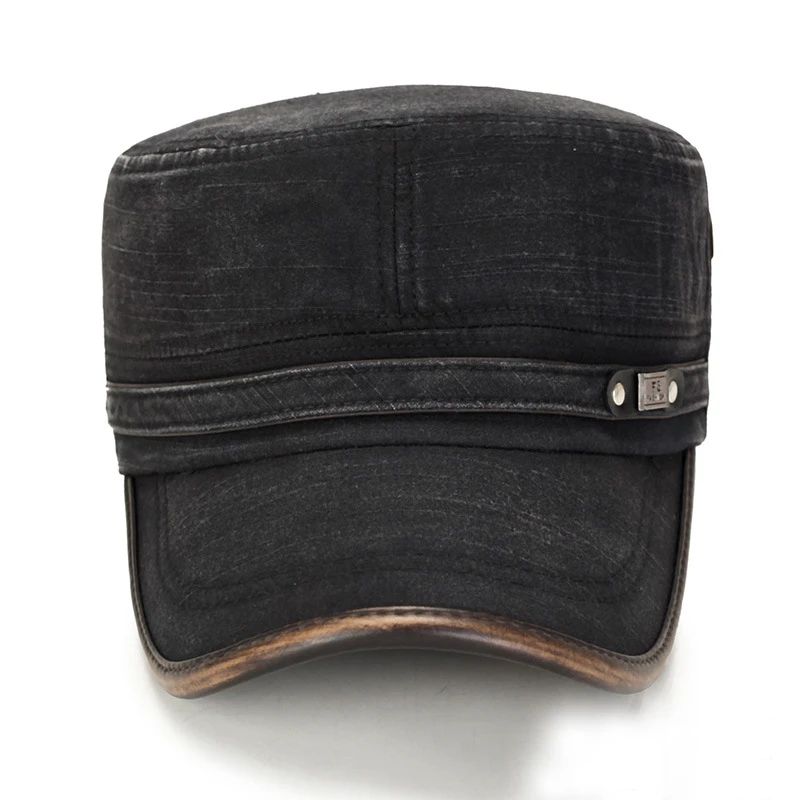 Distressed Washed Cotton Cadet Flat Cap with Leather Binding
