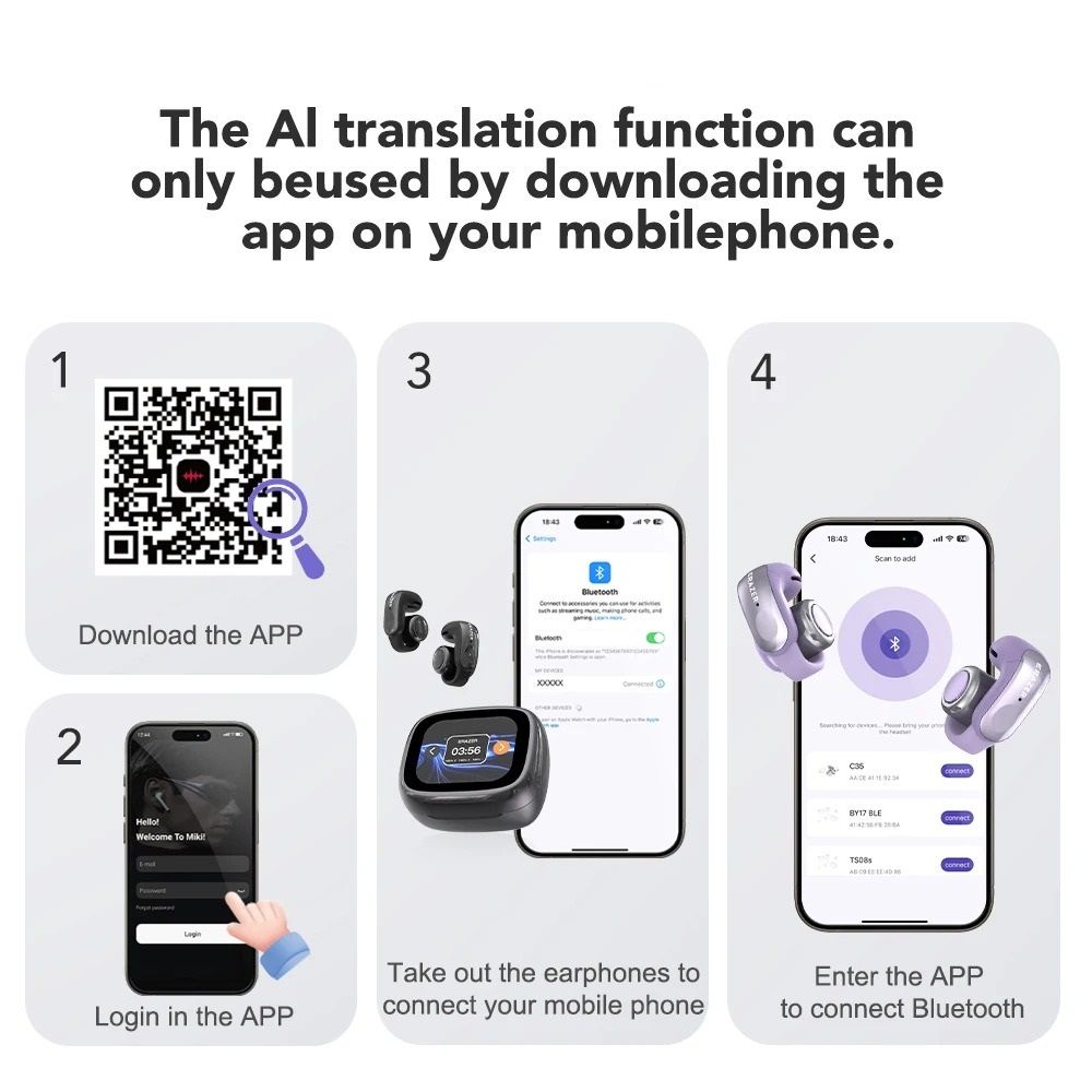 Open Ear Bluetooth Translation Earbuds with Smart Display