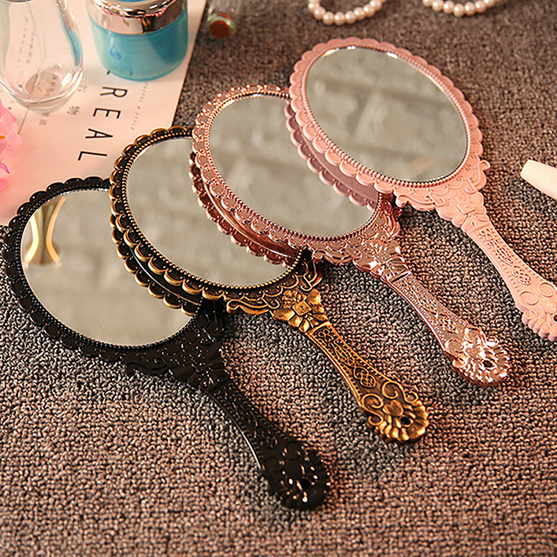 Hand Held Vintage Lace Makeup Mirror, Portable Oval Round Mirror, Noble Retro Court Style Beauty Tool