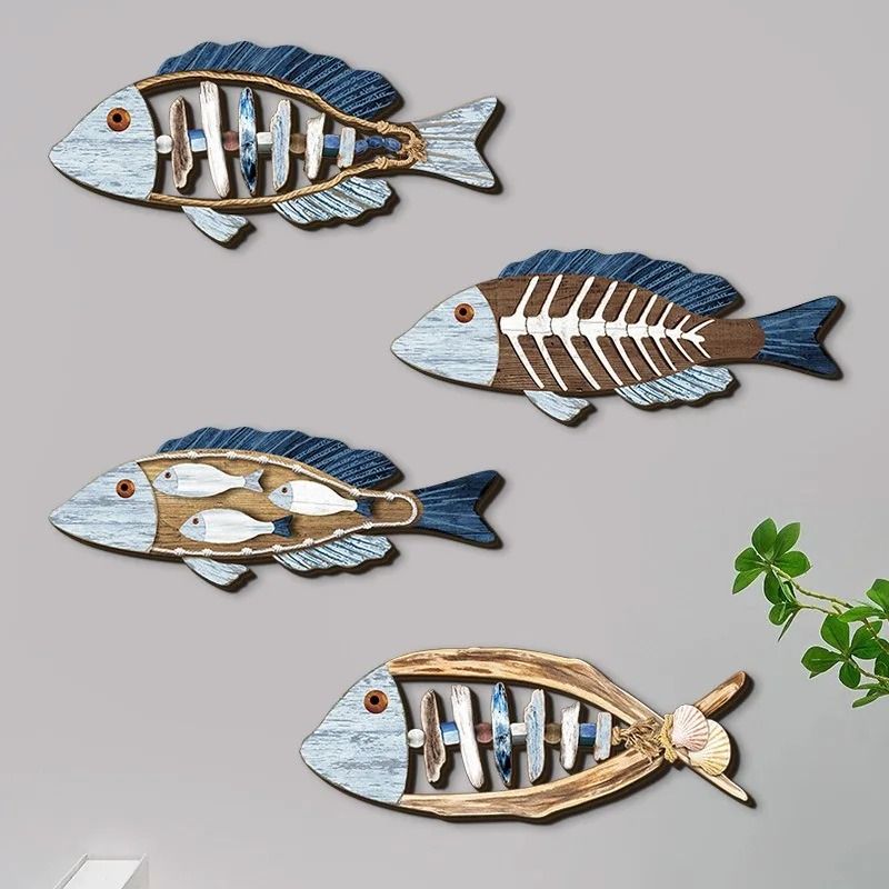 Artisanal Carved Wood Fish Quartet | 4-Piece Marine Sculpture Set for Coastal Home & Nautical Wall Decor