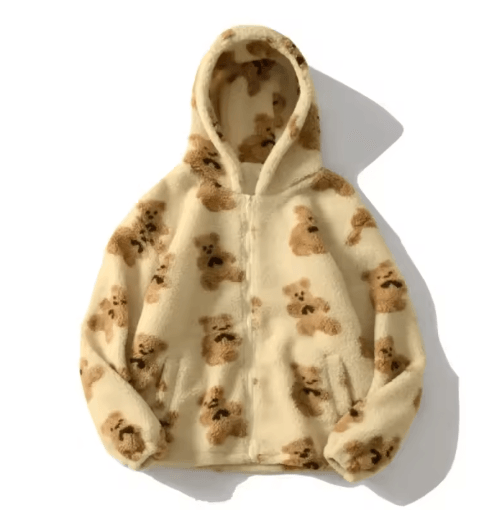 Harajuku Heart Plush Hooded Jacket – Cozy plush winter jacket women