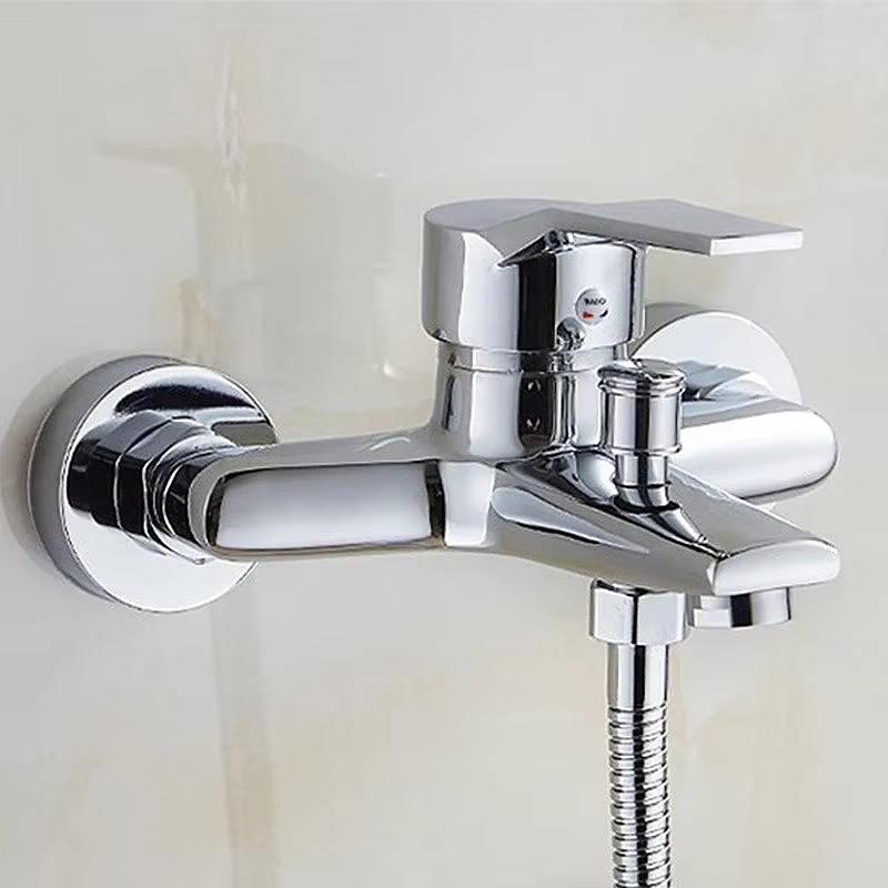Wall Mounted Dual Spout Bathroom Faucet with Hot Cold Mixer Chrome Basin Tap