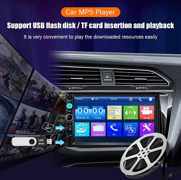 Bluetooth MP5 Car Player, Double 2 DIN Touch Screen Stereo, HD Radio with Camera, Hands-Free, Steering Wheel Control