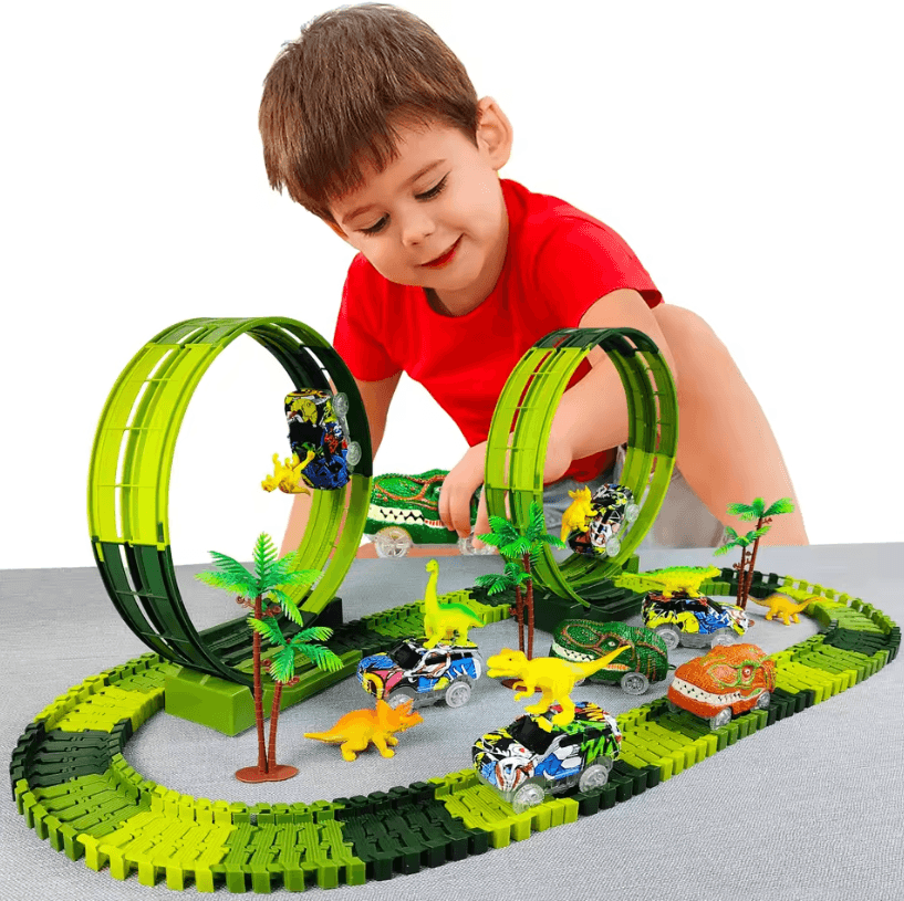 Magic Climbing Electric Dinosaur Car Track Set – Flexible Bend Race Railway with Flashing Light Cars for Kids