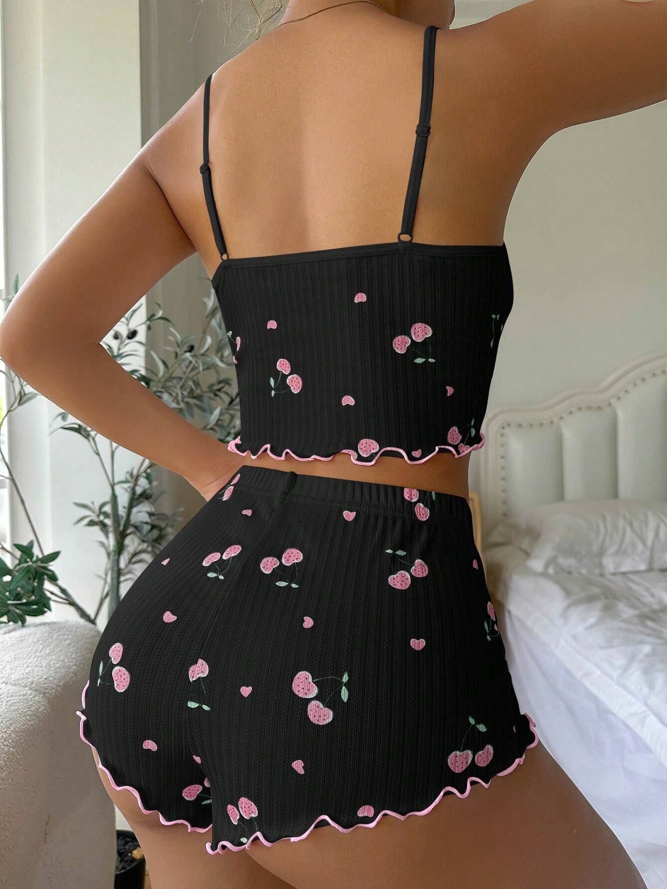 Women Heart Print Sexy Ribbed Bow Decor Pajama Set, Round Neck Backless Comfortable Crop Cami Top & Shorts, Summer Night