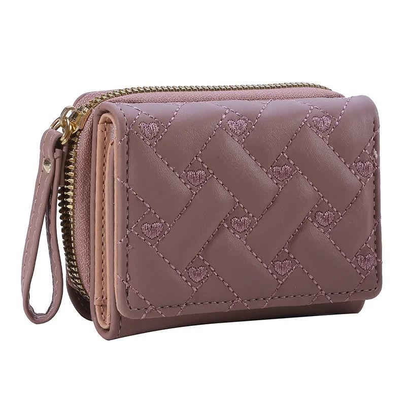 Women PU Leather Embroidered Love Trifold Small Wallet Card Holder
