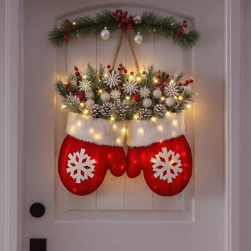 Creative Christmas Glove Wreath Garland Festive Door Hanging Decoration with Simulated Flowers
