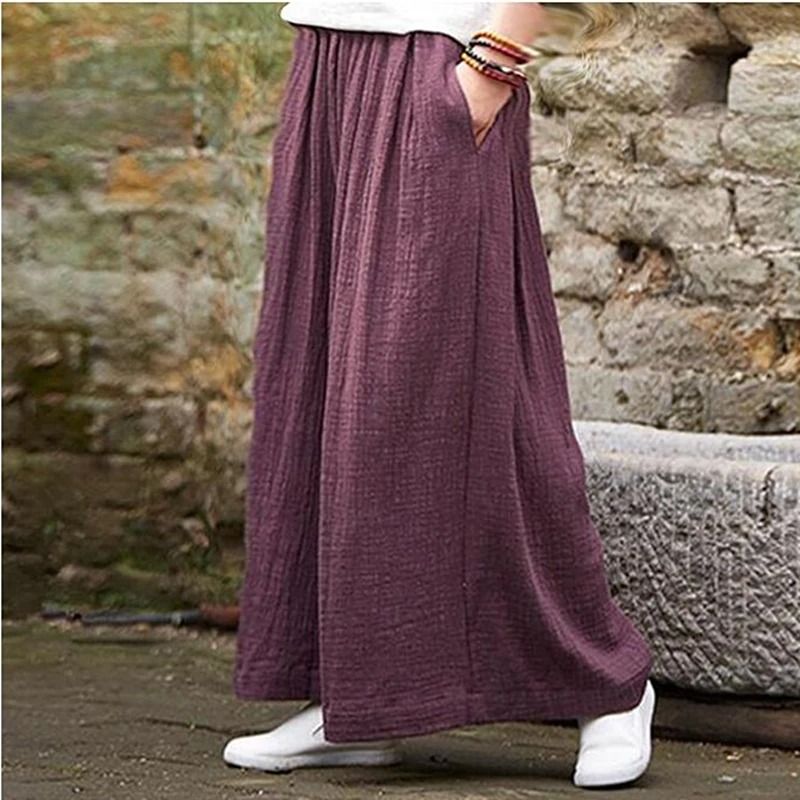 Womens Cotton Linen Wide Leg Pants Plus Size Loose Casual Long Trousers