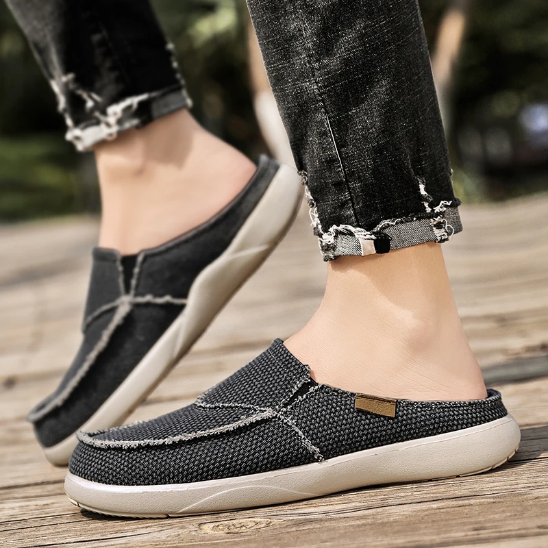 Breathable Lightweight Casual Slippers For Men Summer, Canvas Slip On Half Shoes, Big Size Shoe