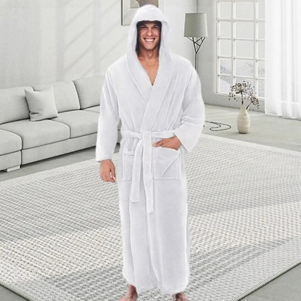 Mens Hooded Flannel Long Bathrobe Soft Fluffy Home Gown