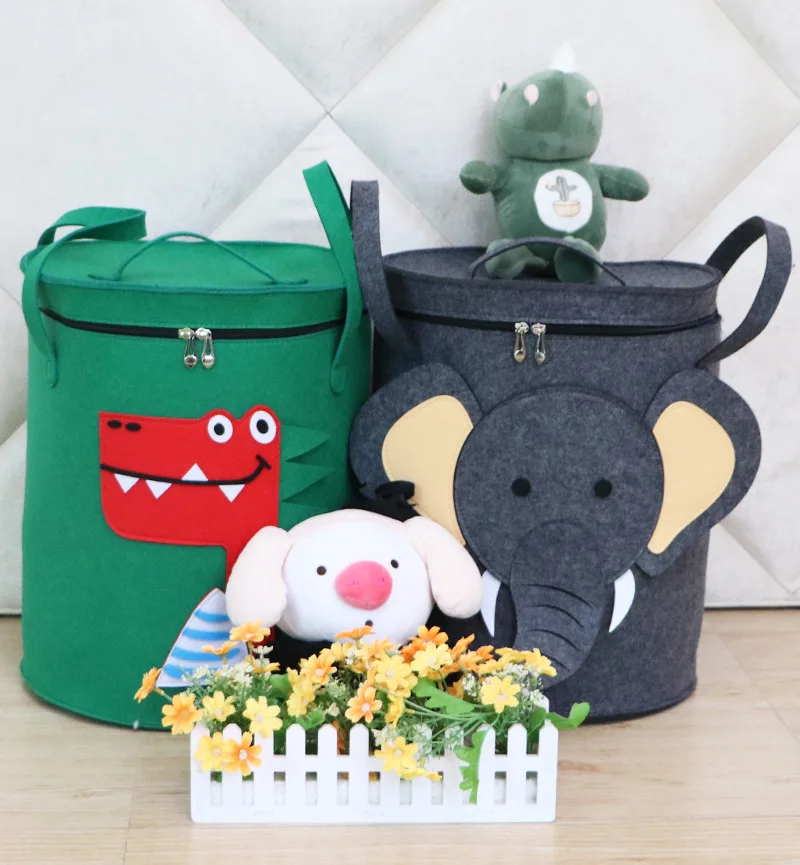 Large Felt Toy Storage Bucket, Portable Dirty Clothes Basket, Cute Cartoon Animal Dust Bag with Lid, Foldable Felt Bucke