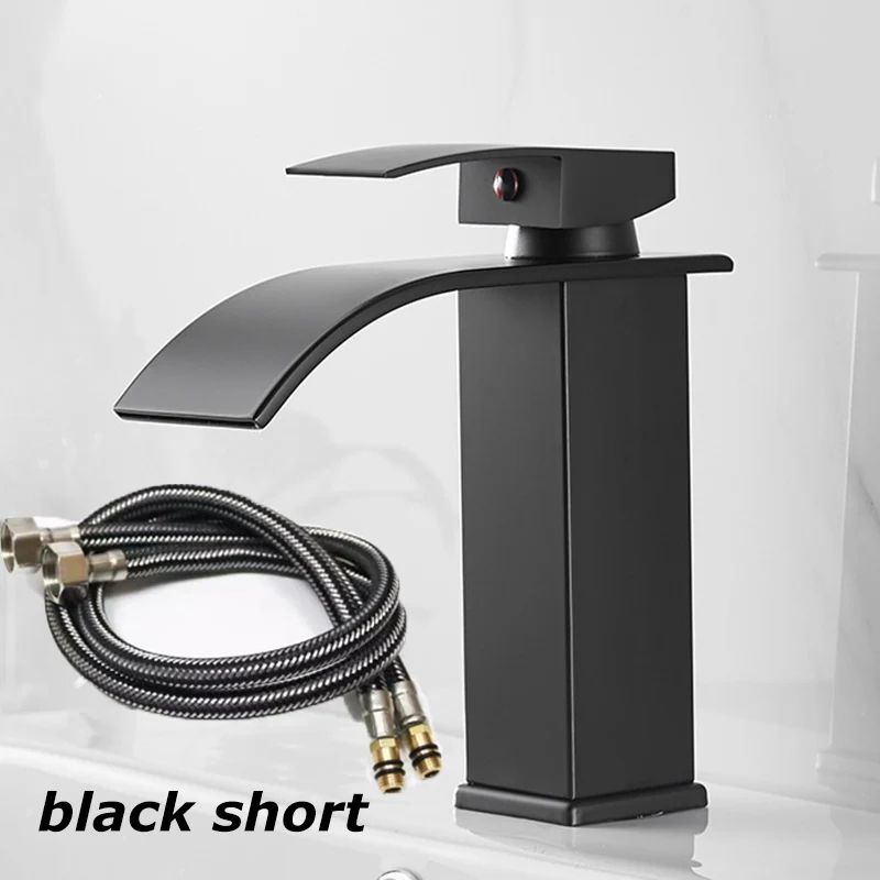 Matte Black Waterfall Bathroom Faucet with Hot & Cold Supply Lines