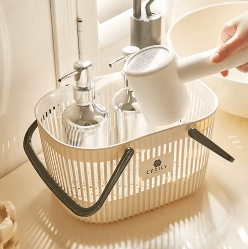 Plastic Organizer Basket with Handles Stackable Drainage Storage Bin for Bathroom Essentials