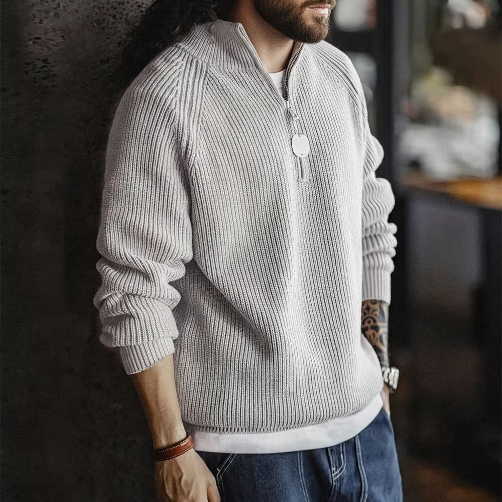 Maden Vintage Half-Zip Stand Collar Knitted Sweater – Versatile Knitwear for Autumn and Winter