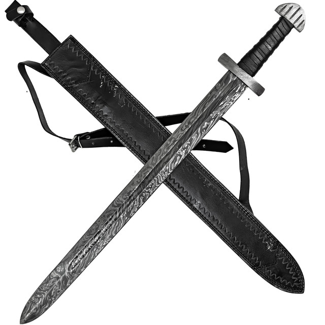 Arbitrary Provocation Hand Forged Firestorm Damascus Steel Medieval Costume Cosplay Sword w/Black Genuine Leather Sheath