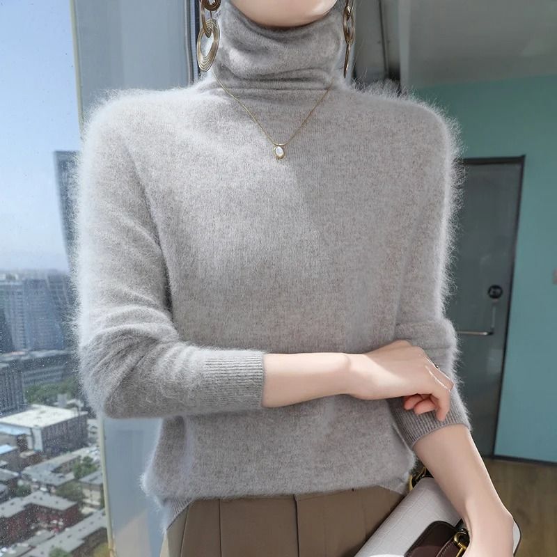 Womens Pure Mink Cashmere Sweater Slim Fit Pullover with Pile Collar Knitted Winter Top
