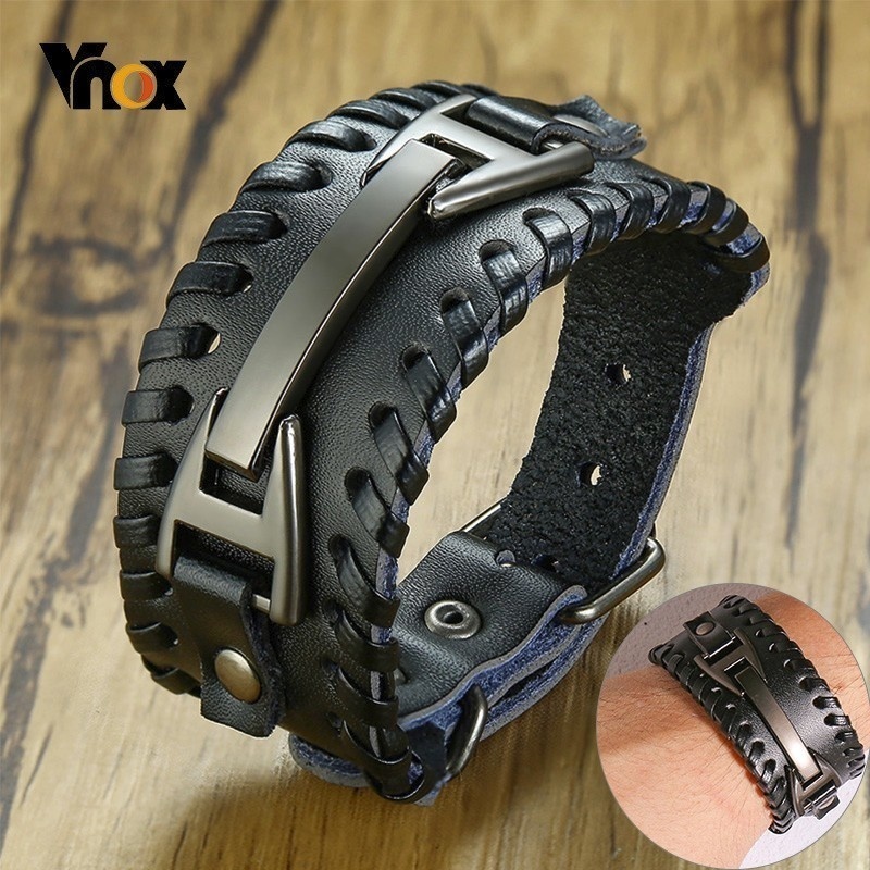 Men Vnox Wide Leather Wristband, Genuine Leather Punk Bangle with Metal Charm, Adjustable Fashion Cuff Bracelet Gift