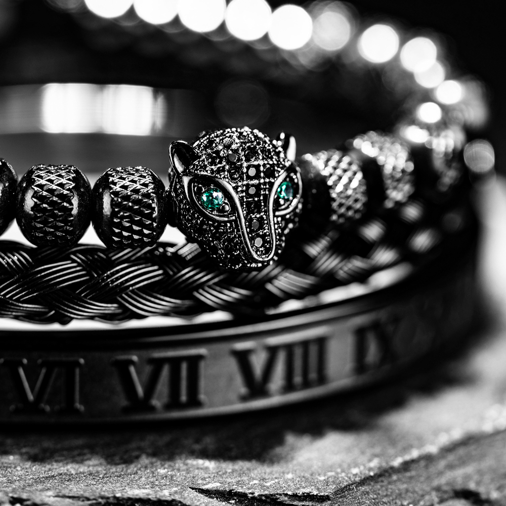 Handmade Braiding Bracelet Set, Hip Hop Men's CZ Leopard Head & Roman Numeral Stainless Steel Jewelry