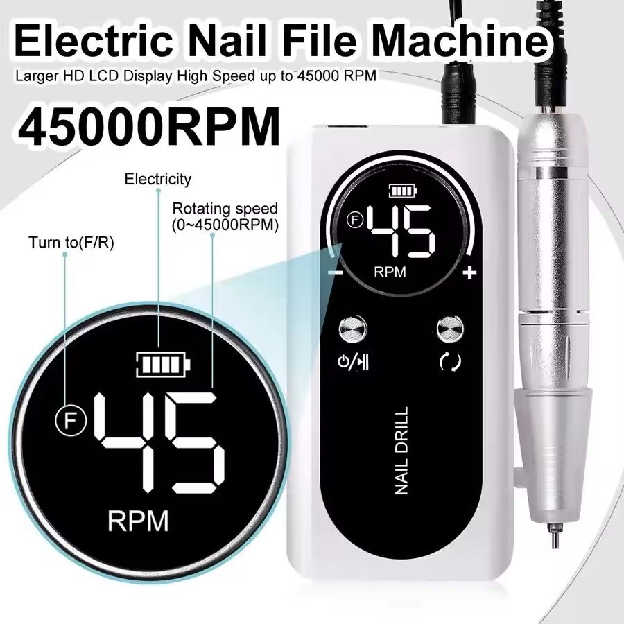 Professional Electric Nail Drill Machine – 45000RPM Rechargeable Low Noise Manicure Tool