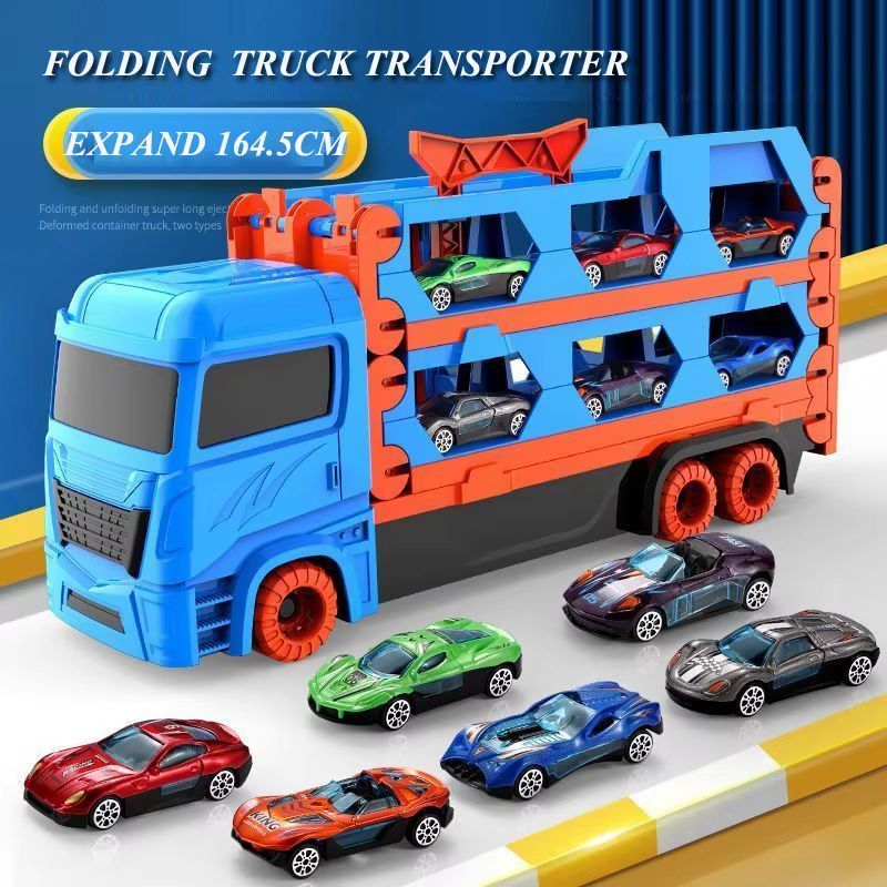 Large Car Transporter Truck With Folding Race Track And Alloy Cars For Kids
