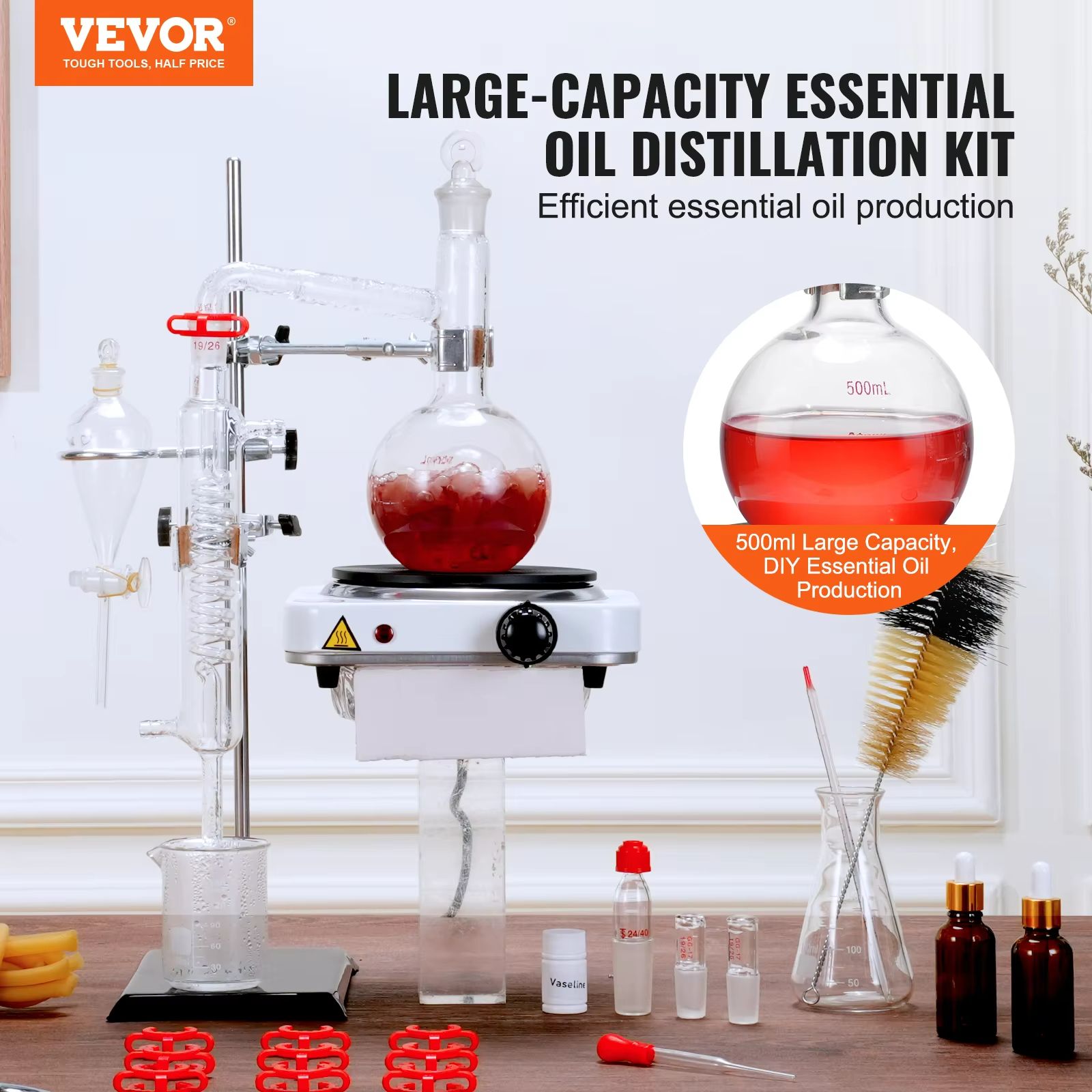 Premium VEVOR Essential Oil Distillation Kit – 16.91 fl oz Glass Flask & 1kW Heating Plate