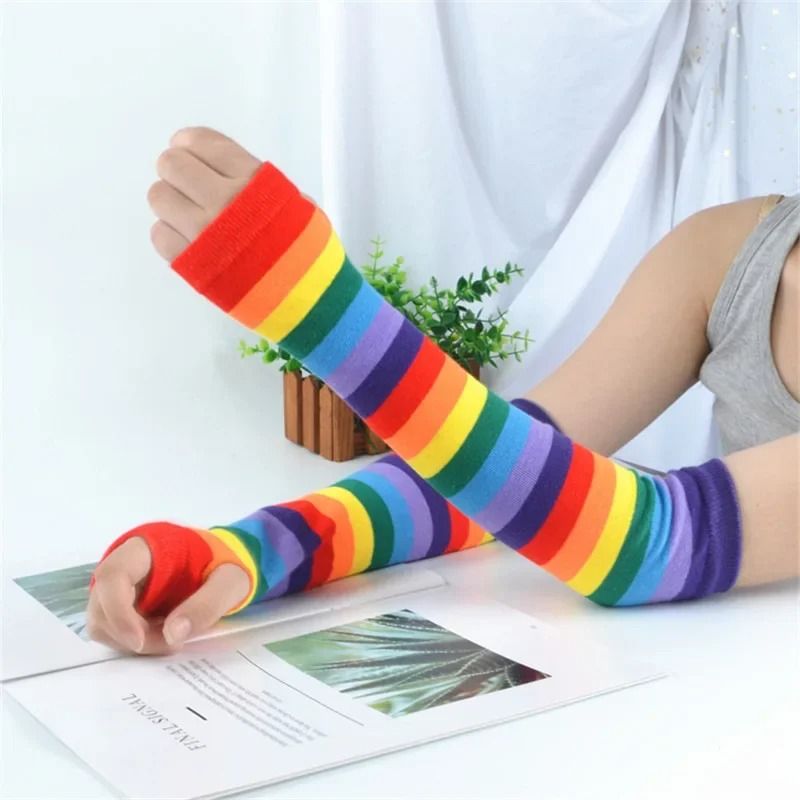 Warmer Knitted Long Fingerless Gloves Lady Striped Elbow Mittens