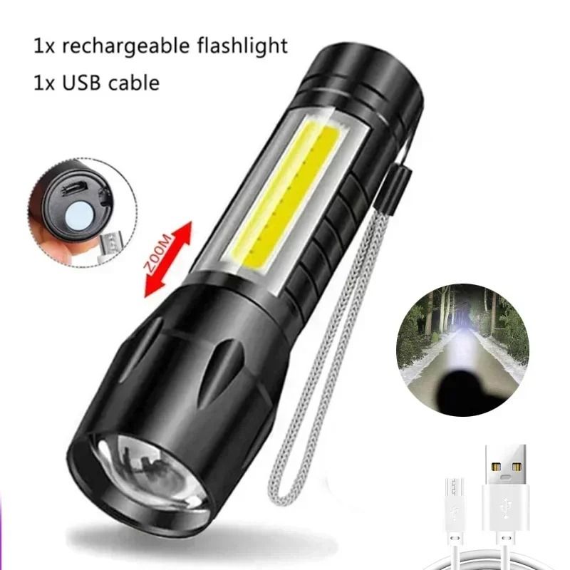 USB Rechargeable Mini COB and XPE LED Flashlight with Zoom and Pen Clip